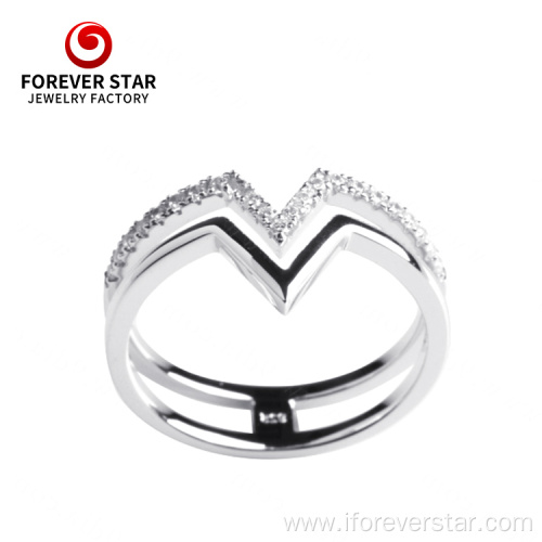 Silver CZ Jewelry Double V Shape Finger Ring
